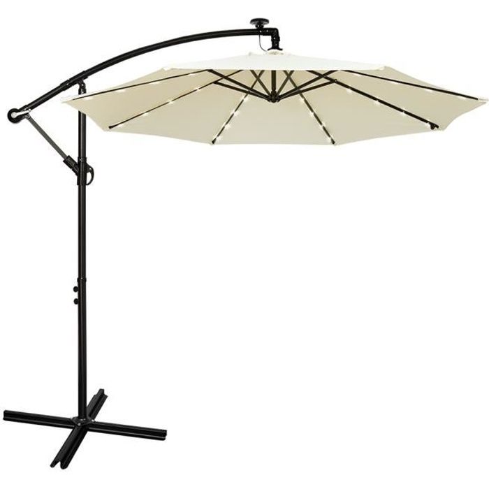 Parasol Déporté avec Manivelle 3M avec éclairage Solaire LED, Étanche Protection UV 50+,Beige- Mondeer