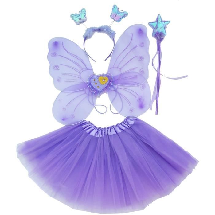 MARSEE Ailes, Baguette, Serre-tête et Tutu - Déguisement Papillon pour Enfants 3 - 8 Ans -Couleur Violet