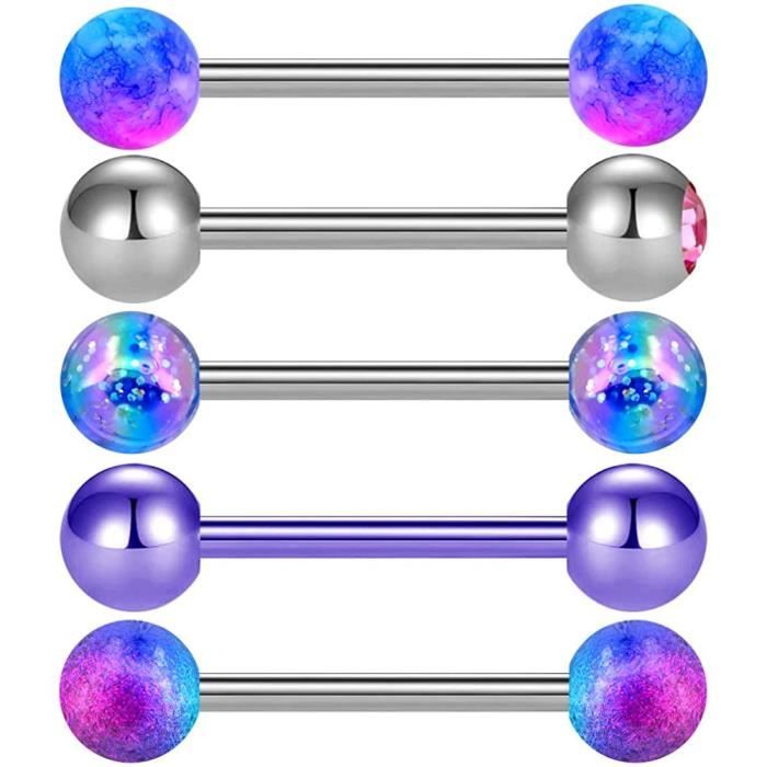 OUFER Lot 5 Piercing Langue 14G Acier Chirurgical 316L avec Boule Arylique Blue Violet Piercing Barbell Barre de Langue Ensemble