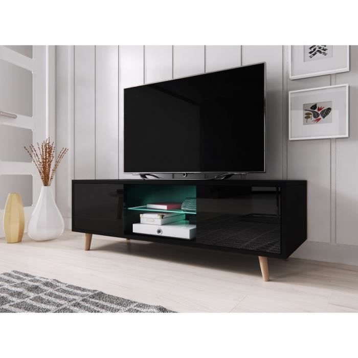 Meuble TV design EDEN 140 cm, 2 portes et 2 niches, coloris noir mat et noir brillant + LED. Type scandinave: 42 Noir