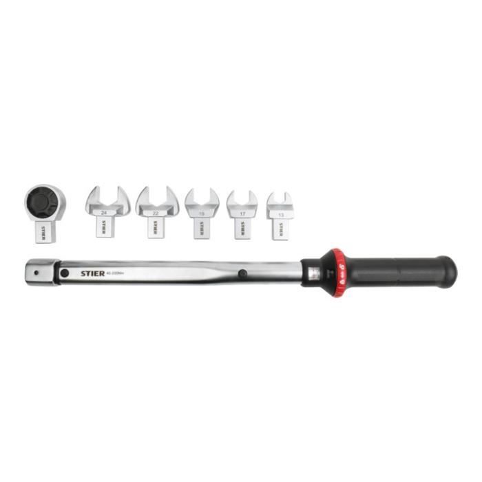 STIER Clé dynamométrique Multi+ 40 - 200 Nm 7 pièces avec accessoires et porte-accessoire carré Industrie automobile énergie clé