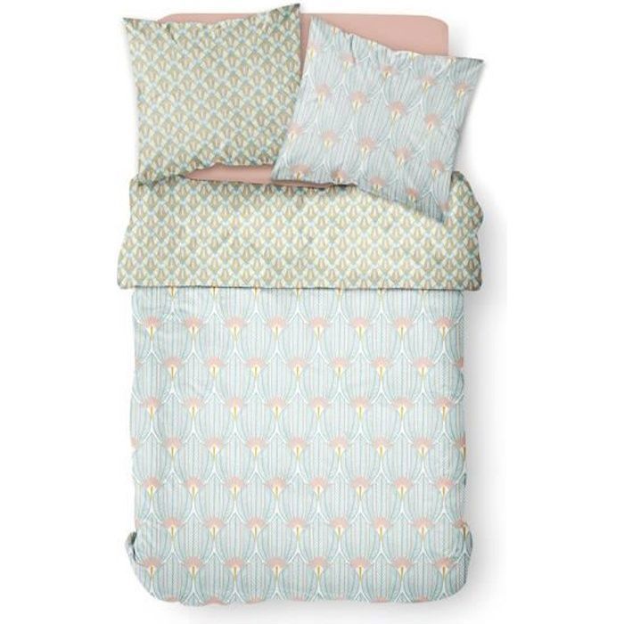 TODAY Parure de lit 2 personnes 220X240 Coton imprime bleu Art deco SUNSHINE TODAY