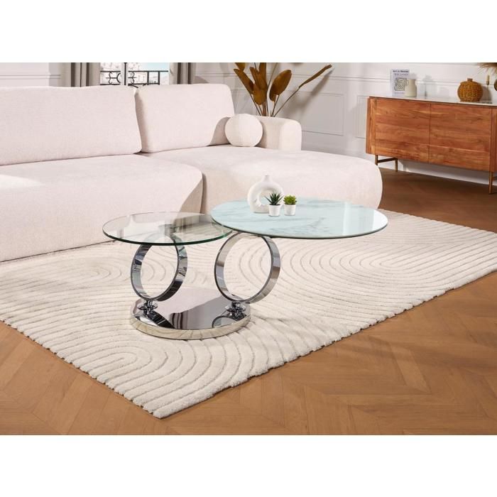Table basse avec plateaux pivotants JOLINE - Céramique & verre trempé - Effet marbre Blanc