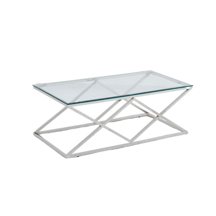 table basse triangle chrome 120cm verre marbré blanc 120x60 cm