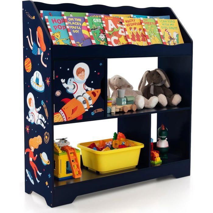 GOPLUS Meuble Rangement Jouet Enfant, Bibliotheque Enfant avec 3 Boîtes Amovibles, 1 Tiroir et 2 Roues