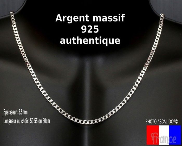 Chaine en argent 925 massif 55cm pour homme en argent maille gourmette épaisse moyenne 3.5mm avec boite pour cadeau Chaine en argent 925 massif 55cm pour homme en argent maille gourmette épaisse moyenne 3.5mm avec boite pour cadeau