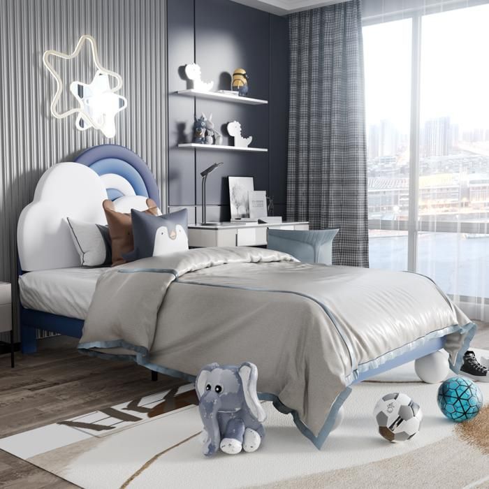 lit enfant rembourré en similicuir - 90x200 cm - avec tête de lit réglable en forme d'arc-en-ciel nuage - bleu