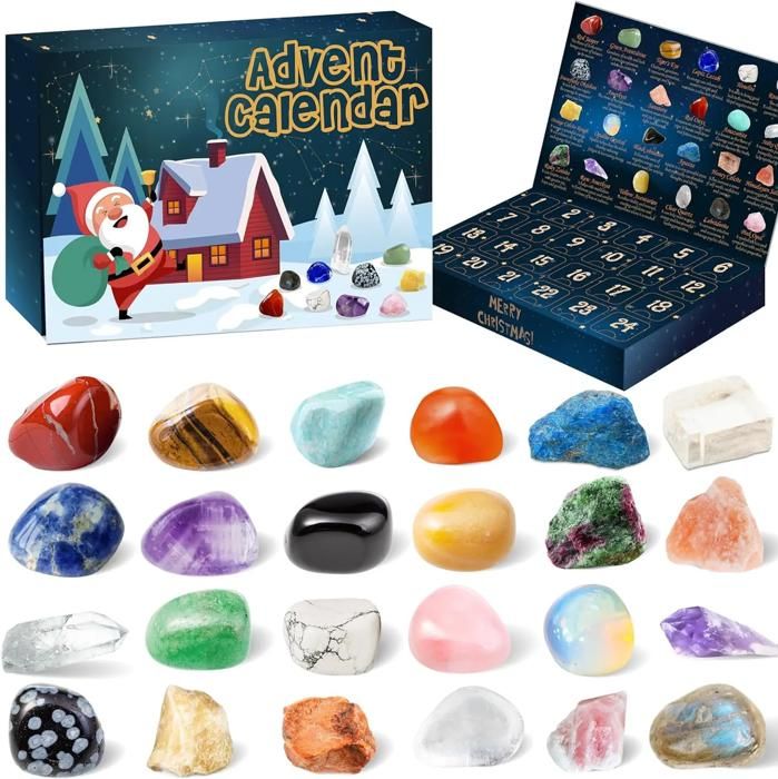 Calendrier De L'Avent Pierres Précieuses 2024 – 24 Spécimens Naturels – Obsidienne, Améthyste, Quartz Rose – Porte-clés Pendentif – Cadeau éducatif Noël