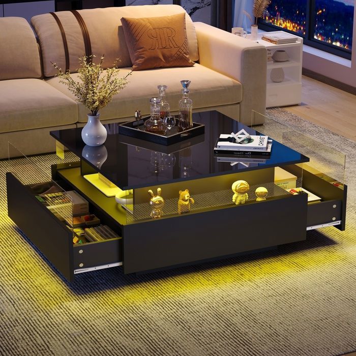 Table basse Carrée avec LED2 Tiroirs et Compartiments RangementMeuble salonTable dappoint Moderne 70x70x41cmNoir brillant
