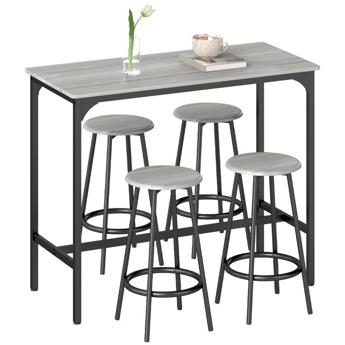 Ensemble table de bar bistrot - HOMCOM - avec 4 tabourets de bar - avec repose-pieds - style moderne structutre en métal - gris