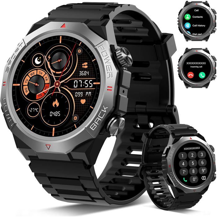 Militaire Montre Connectée Homme Femme Avec Appel Bluetooth 1.39 Hd Smartwatch Motre Sport Avec 110+ Modes Sportifs Podometre Car