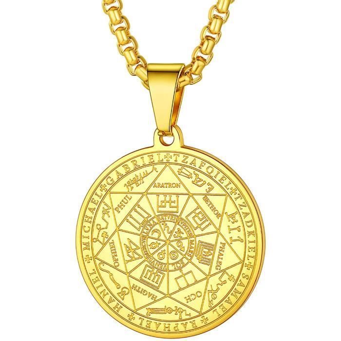 Pendentif Sceau des 7 Archanges Homme Talisman Protecteur en Acier-Plaqué Or Chane Ajustable 55+5cm Amulette Porte Bon[511]