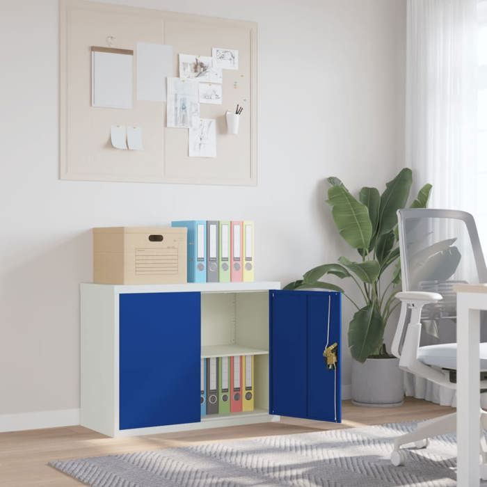 Solde dautomneClasseur/Meuble classement - RUIGOU - Bibliothèque/armoire de rangement gris clair et bleu 90x40x70cm acier LEM754