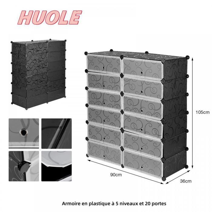 PENDERIE SOUPLE - HUOLE - Armoire en plastique à 6 niveaux et 12 portes - 90 × 36 × 105 cm - Noir