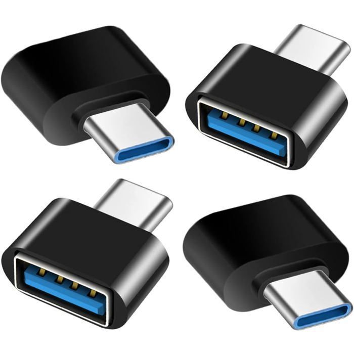 Adaptateur USB-C vers USB-A 3.0 (Lot de 4) – OTG 5 Gbps Mâle vers Femelle Noir