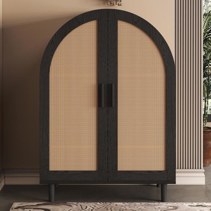 Meuble à chaussures - DREAMMESPACE - 70x40x100cm - 2 portes en rotin - 3 étagères - Noir et Naturel