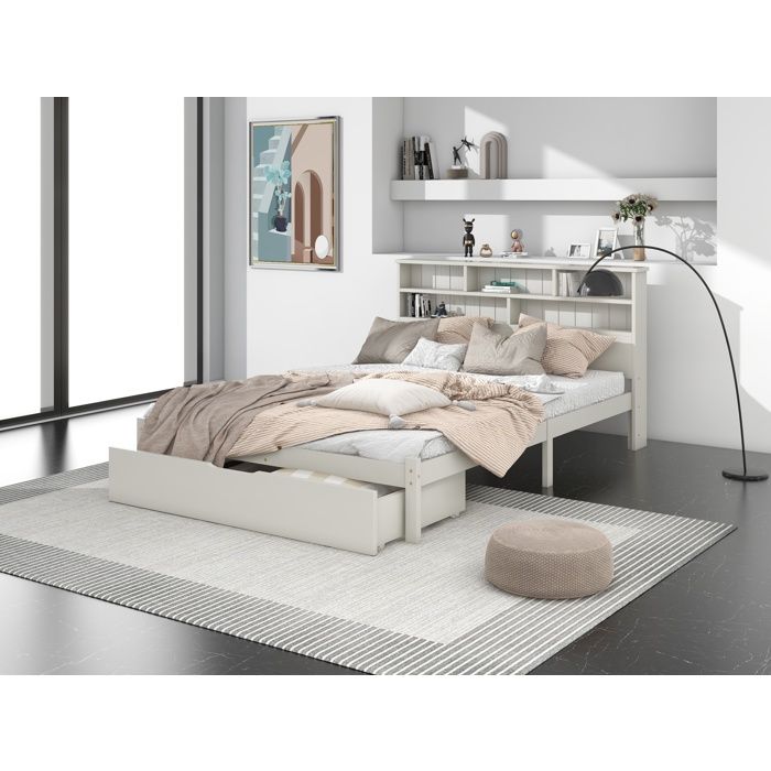 Lit avec rangement 140x200 cm EVRYAE - tête de lit bibliothèque tiroirs sur roulettes sans Matelas - Blanc