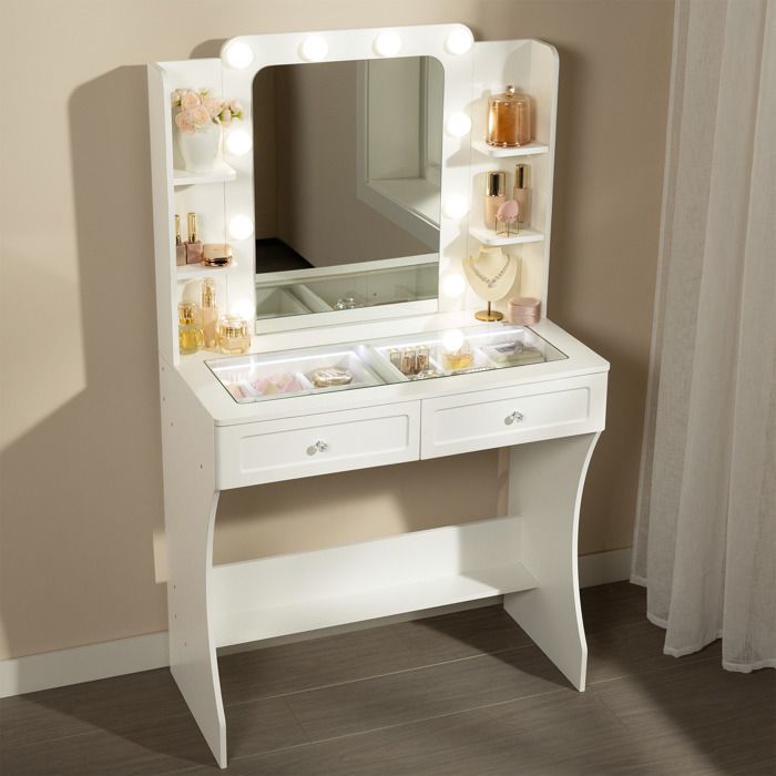 Coiffeuse WOLTU - Eclairage LED réglable - Plateau spacieux verre transparent - 2 tiroirs et 6 compartiment ouverts - Blanc