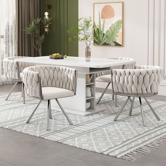 Chaises pivotantes lot de 4 - Chaises de salle à manger avec accoudoirs - Pieds métal - Structure argentée - Tissu velours - Beige
