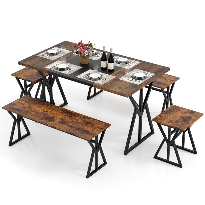 GIANTEX Ensemble de Salle à Manger Industriel 5 Pièces- Table de Cuisine avec 2 Bancs et 2 Tabourets- Cadre en Métal- Salon Bar GIANTEX Ensemble de Salle à Manger Industriel 5 Pièces- Table de Cuisine avec 2 Bancs et 2 Tabourets- Cadre en Métal- Salon Bar