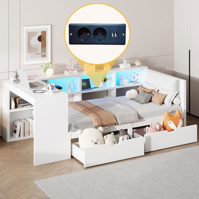 Lit plateforme 90x200 cm blanc avec rangements tiroirs LED multicolores et station de recharge – sans matelas