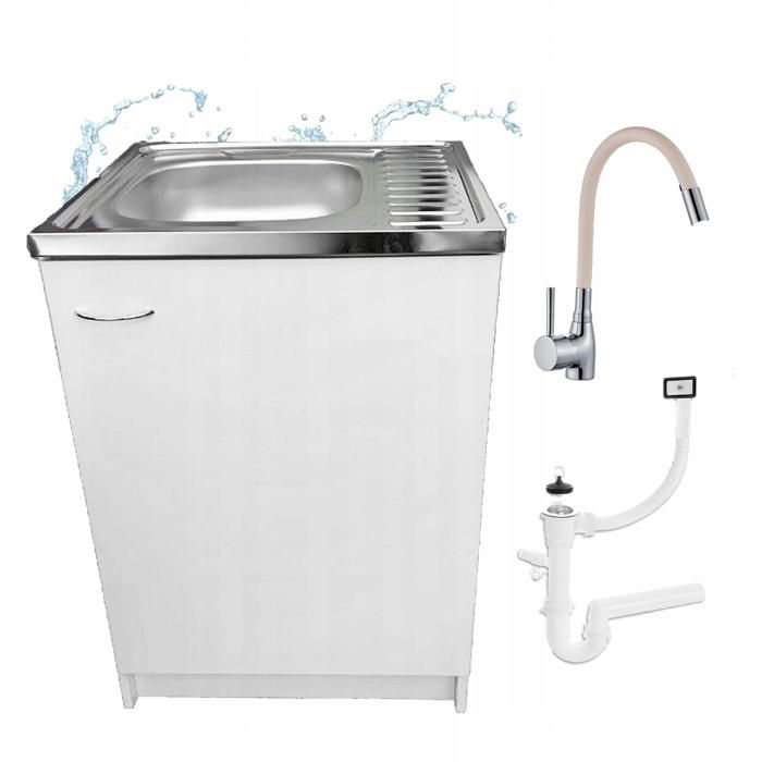 STAMAR Meuble sous Évier 60 cm Blanc + Évier Inox + Robinet Extensible Beige + Siphon LV - 60x60x82 cm