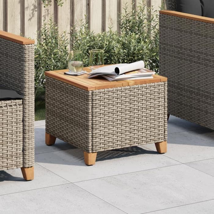 Soldes printemps Table terrasse - Gris - Table de jardin - 1 PC - gris 45x45x37 cm résine tressée et bois - acacia T338
