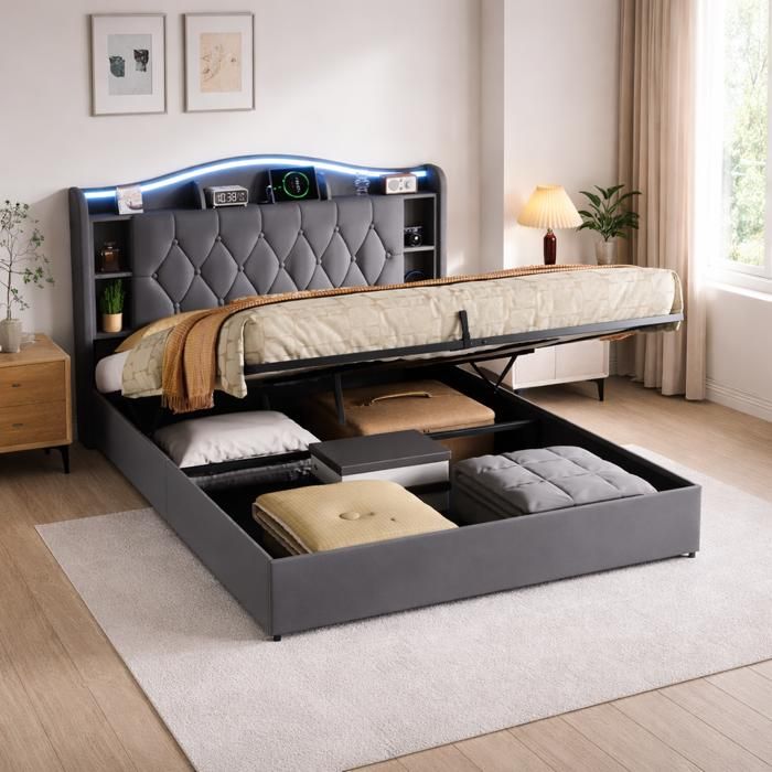 Lit Coffre 140x190 avec Rangement Lit Double Adulte Lit Rembourré avec Sommier LED et USB Lit Hydraulique Velours Gris
