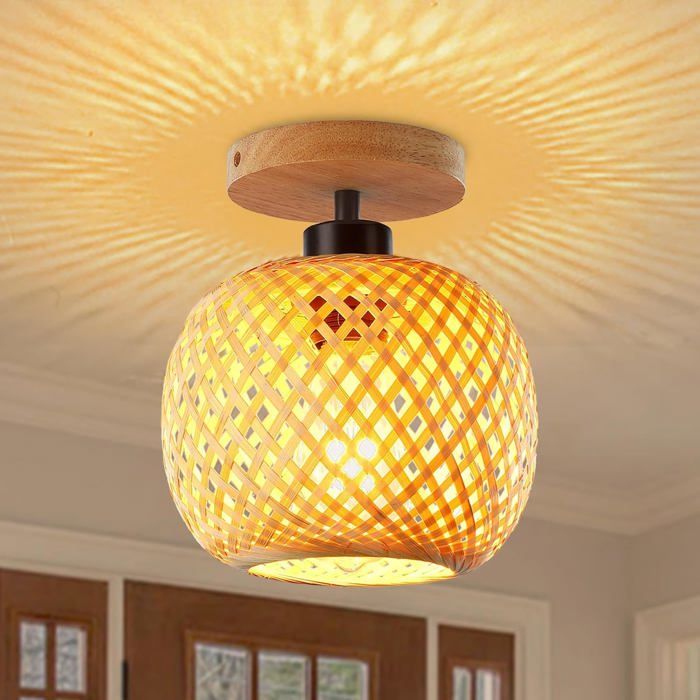 Plafonnier Semi-Encastré Bambou Bohème-KAL-Abat-Jour en Rotinpour ChambreChambre dEnfantCouloir