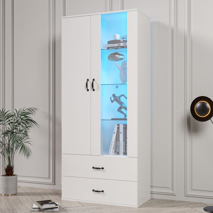 Vitrine avec LED 2 Tiroirs et 2 Portes Meuble de Rangement Salle à Manger Étagères en Verre Blanc