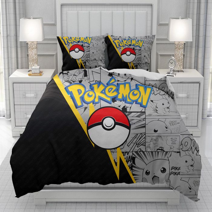 Parure de lit 3 pièces avec draps et housse de couette Pikachu imprimé Pokémon pour hommes femmes et enfants. Douce et confortable