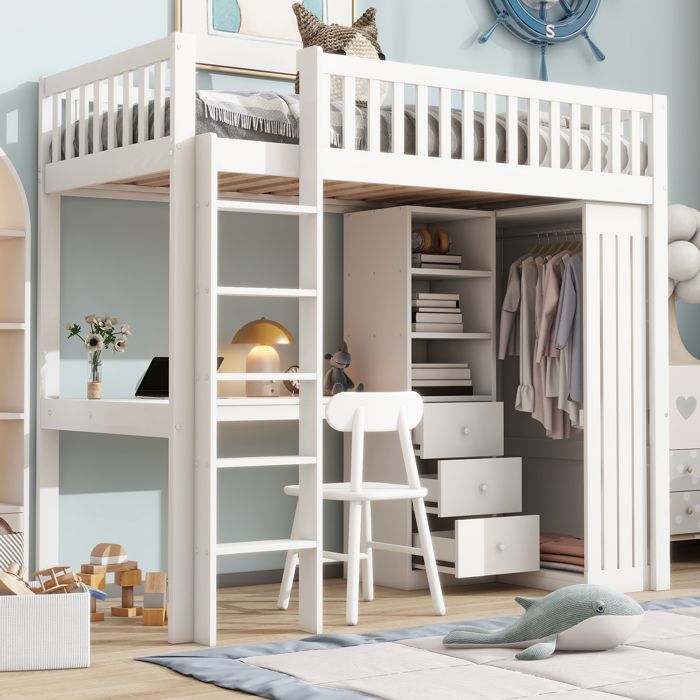 Lit mezzanine 90x200 cm avec bureau et armoire Lit enfant avec 3 tiroirs espace de rangement ouvert et garde-corps Blanc