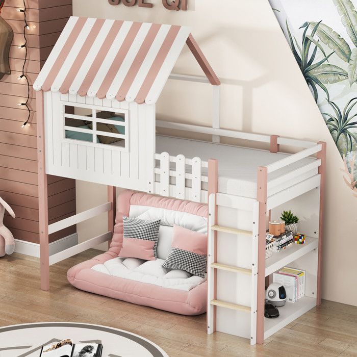 Lit enfant maison - Dimensions 90x200 cm - Forme de toit unique - Échelle de sécurité - Compartiment de rangement