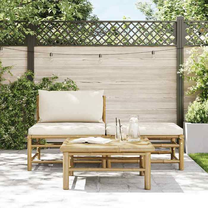 Blanc Siège de jardin - Salon de jardin - (3 pcs) - avec coussins blanc crème Bambou C887