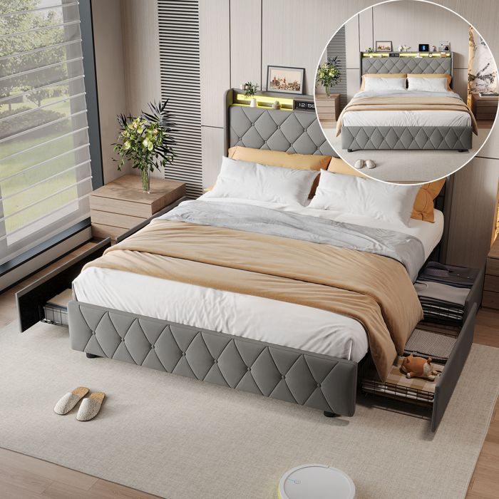 Lit double Coffre 140x200 cm LED USB 4 Tiroirs de Rangement Tête de Lit Capitonnée Sommier à Lattes Velours Gris Sans Matelas