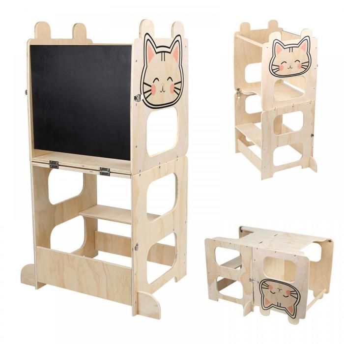 Tour dapprentissage Montessori 4 en 1 Tour dObservation Enfant Pliable avec Tableau Noir Tabouret de Cuisine pour Enfants Chat