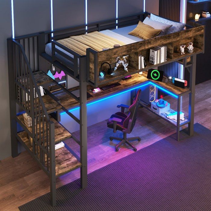 Lit mezzanine 90x200 cm lit enfant avec bureau dangle rangement prise USB Type-C LED EN747 (sans matelas) vintage marron et noir