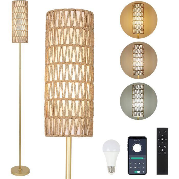 Doré Lampadaire Réglable Et Télécommandé Contrôle Par App En Rotin Avec Abat-Jour En Rotin & Lin Moderne Pour Salon Chambre [IN42]