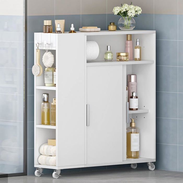 Meuble de Salle de Bain avec roulettes Armoire de Salle de Bain avec Portes Coulissantes Chariot de Salle de Bain Blanc