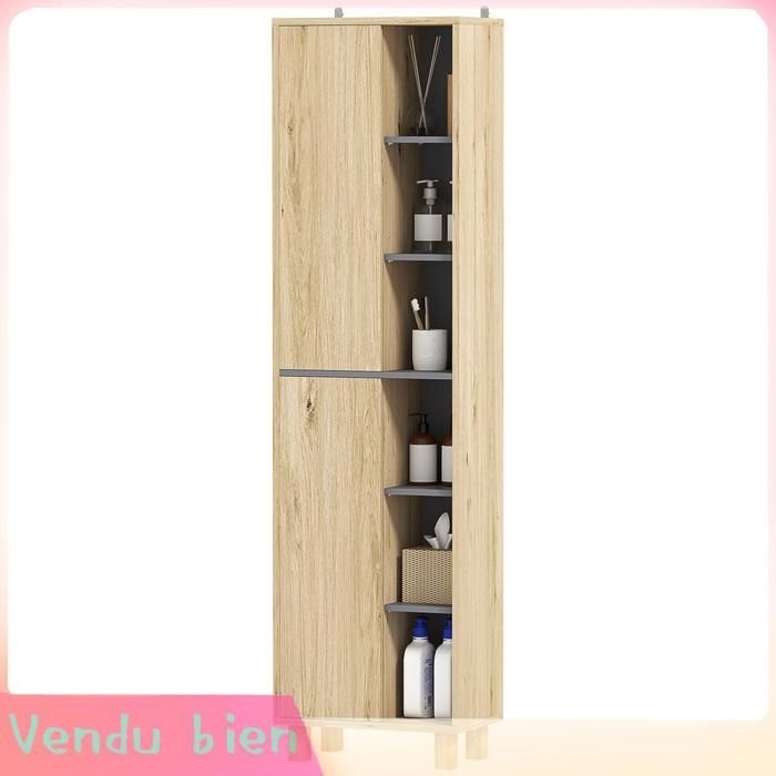 LIA Meuble colonne salle bain bois naturel 6 compartiments ouverts + 2 placards