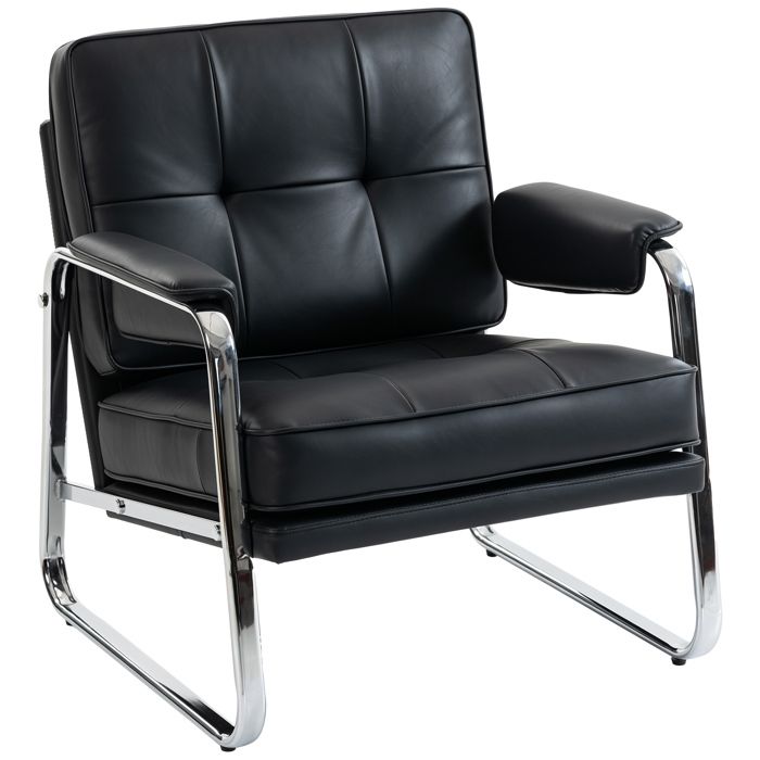 Fauteuil lounge avec assise large accoudoirs et pieds en acier revêtu de similicuir noir idéal pour le salon ou la chambre
