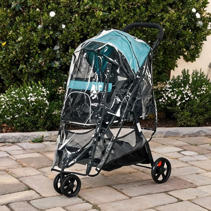 Poussette pour chien pliable jusqu’à 10 kg polyester deep black et bleu avec freins laisse de sécurité et housse de pluie