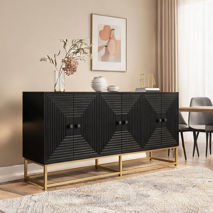 Meuble de rangement 160 cm en panneau de particules noir mat avec 3 doubles portes structure ouverte et pieds métalliques – Idéal