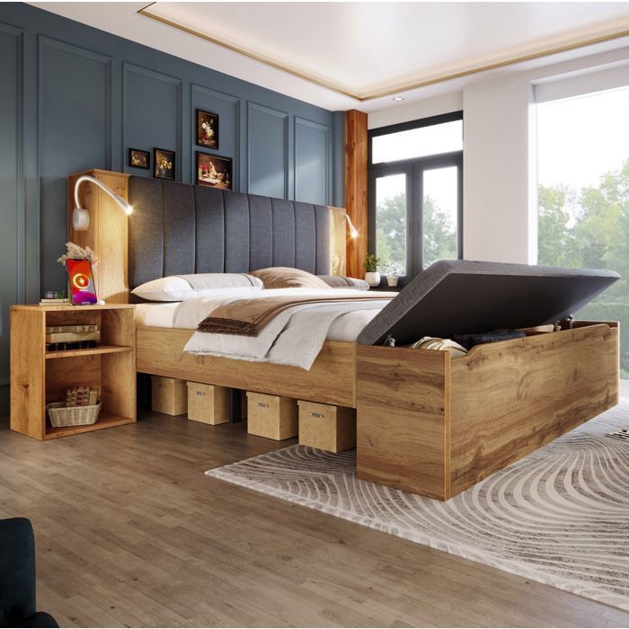 Lit adulte 160 x 200 cm avec sommier à lattes 2 tables de chevet banc de rangement lampes USB en lin chêne