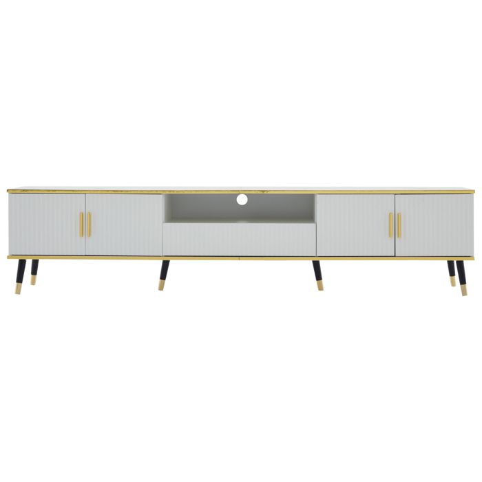 Meuble TV bas moderne texture marbre double porte un tiroir 200 x 40 x 46 cm blanc.