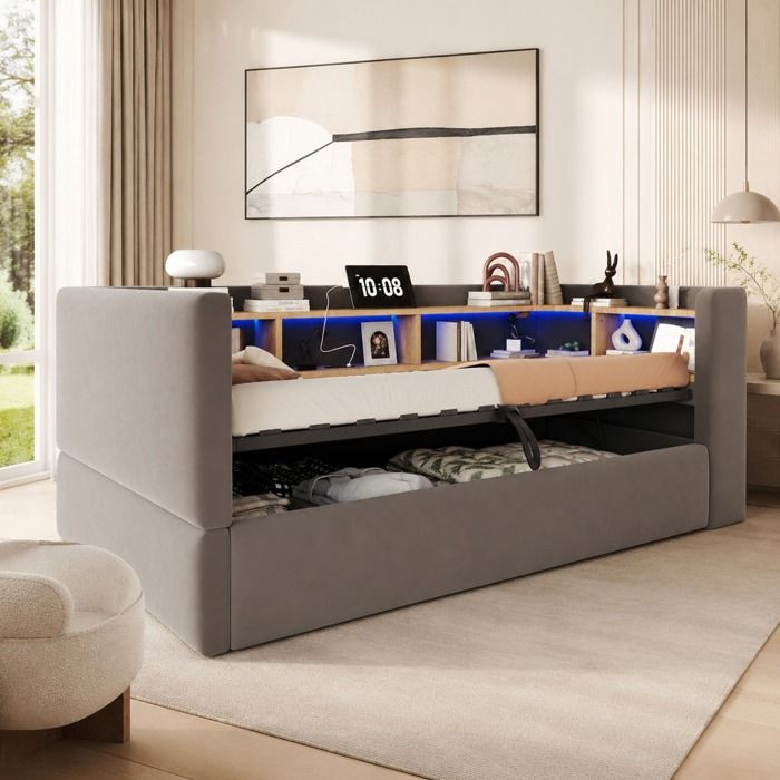 Canape-lit rembourre 90 x 190 cm avec coffre hydraulique LED prises et rangements gris fonce