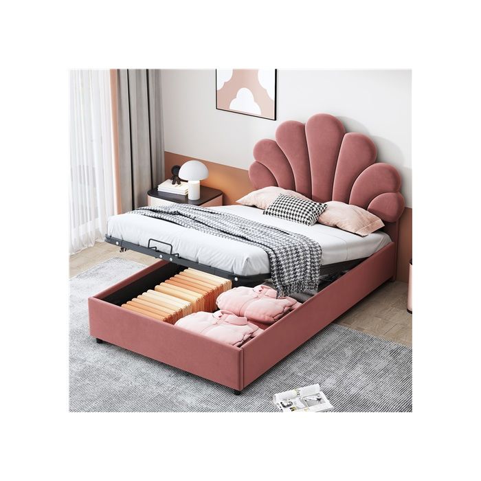 Lit junior 90x200 cm rose en velours doux tête fleurie sommier intégré dossier inclinable et coffre hydraulique pratique Lit junior 90x200 cm rose en velours doux tête fleurie sommier intégré dossier inclinable et coffre hydraulique pratique
