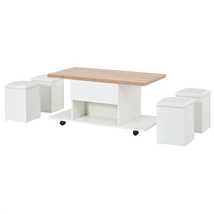 Table Basse Relevable avec Rangement 4 Tabourets et Roulettes - pour Salon - 100×100×635 cm - Blanc et Bois Naturel