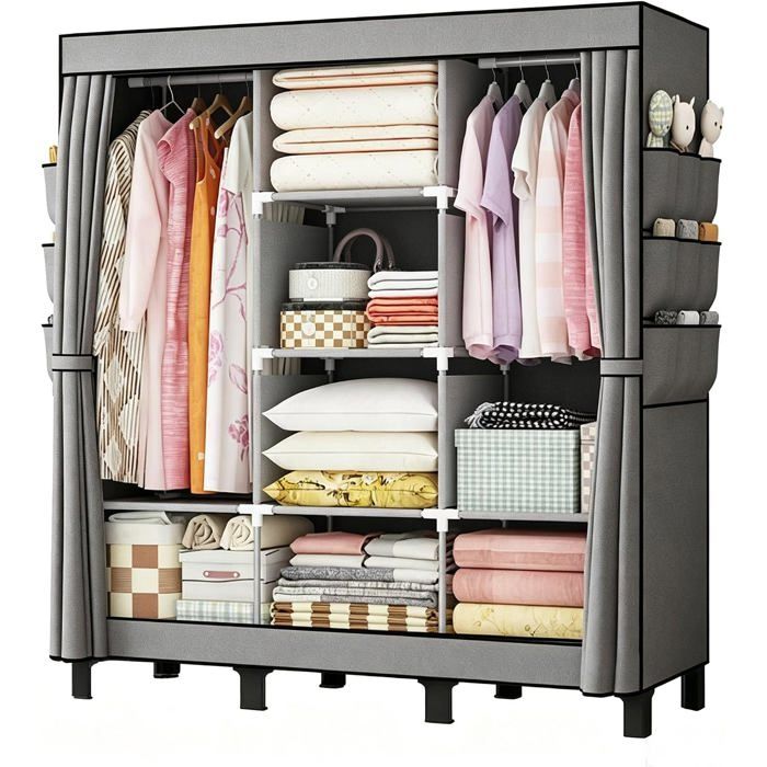 Armoire penderie portable 130 x 45 x 172 cm - Tissu non tissé gris 2 tringles 6 étagères et 18 poches latérales