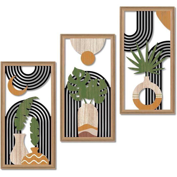 Decor Lot de 3 tableaux murauxabstraitsstyle bohèmeavec pntesdécoration murale encadréeen noirbncdoréVase